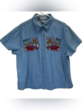 Passion Vintage Embroidered Route 66 Denim Button-Up Shirt
Size L